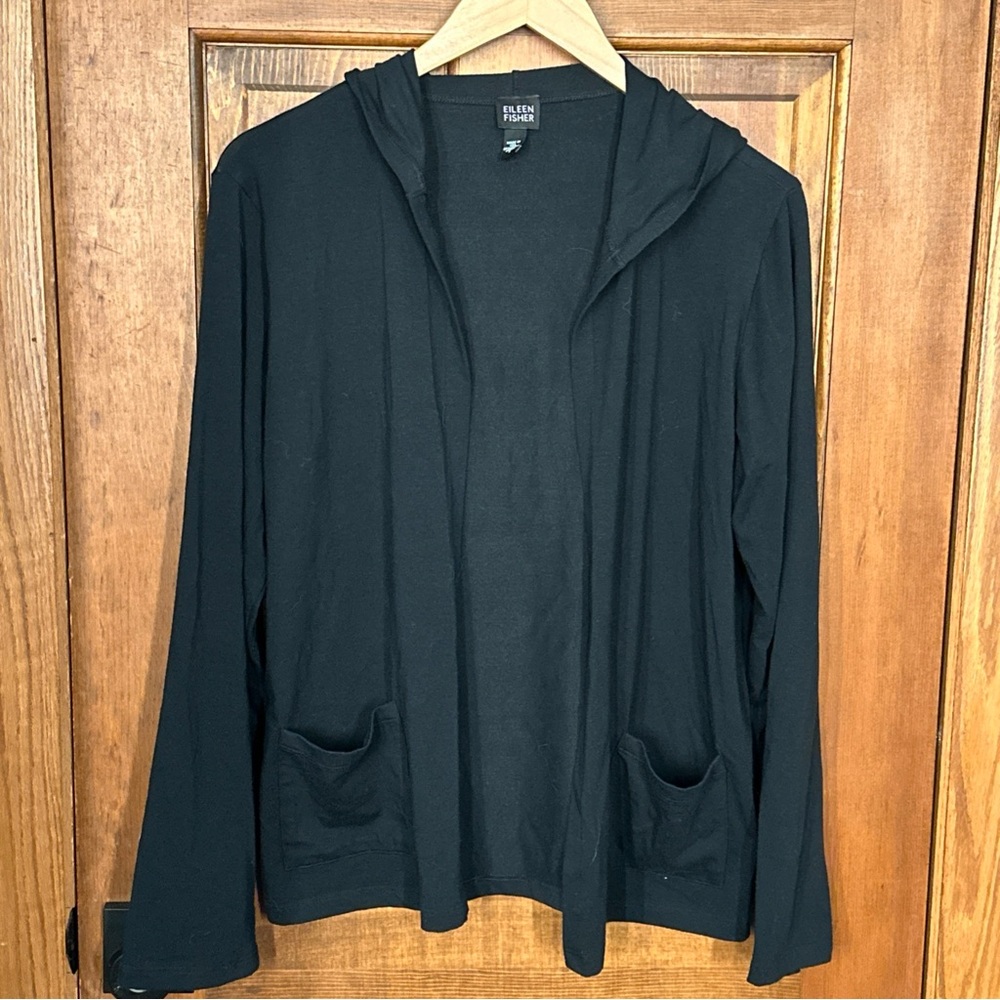 Eileen Fisher Lightweight Hooded Open Front Cardigan‎ Women's Small Black 🖤